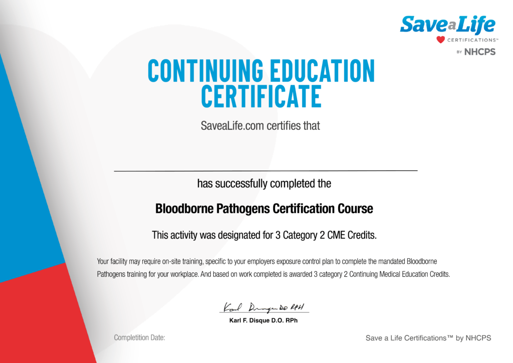 Bloodborne Pathogens Certificate by Savealife