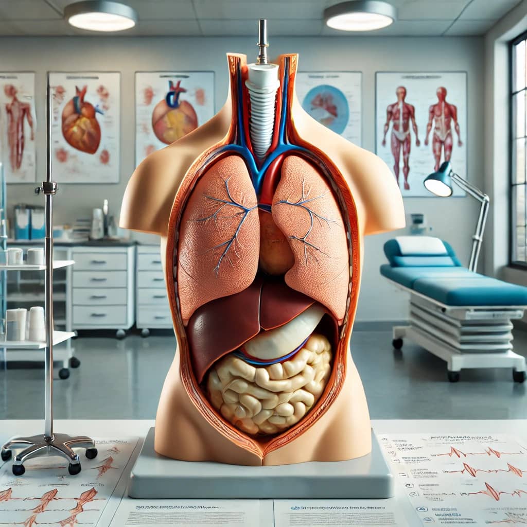 Anatomical torso model showing internal organs in a medical classroom